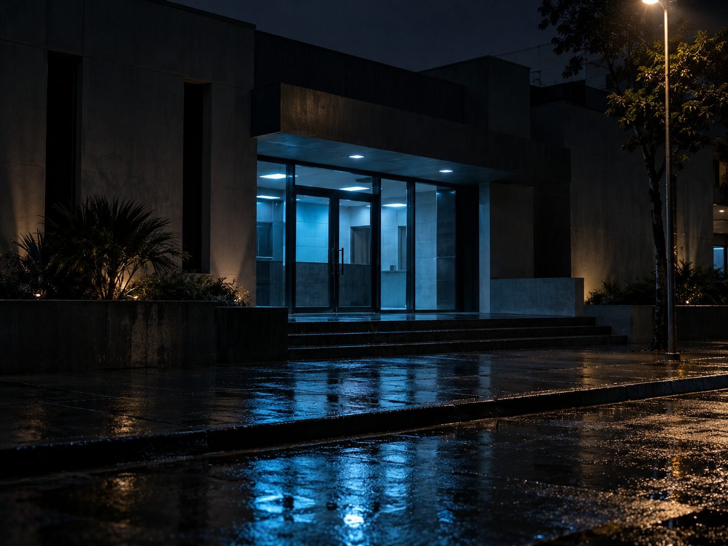 Entrada de um prédio público iluminada à noite, com a calçada molhada refletindo luz azul