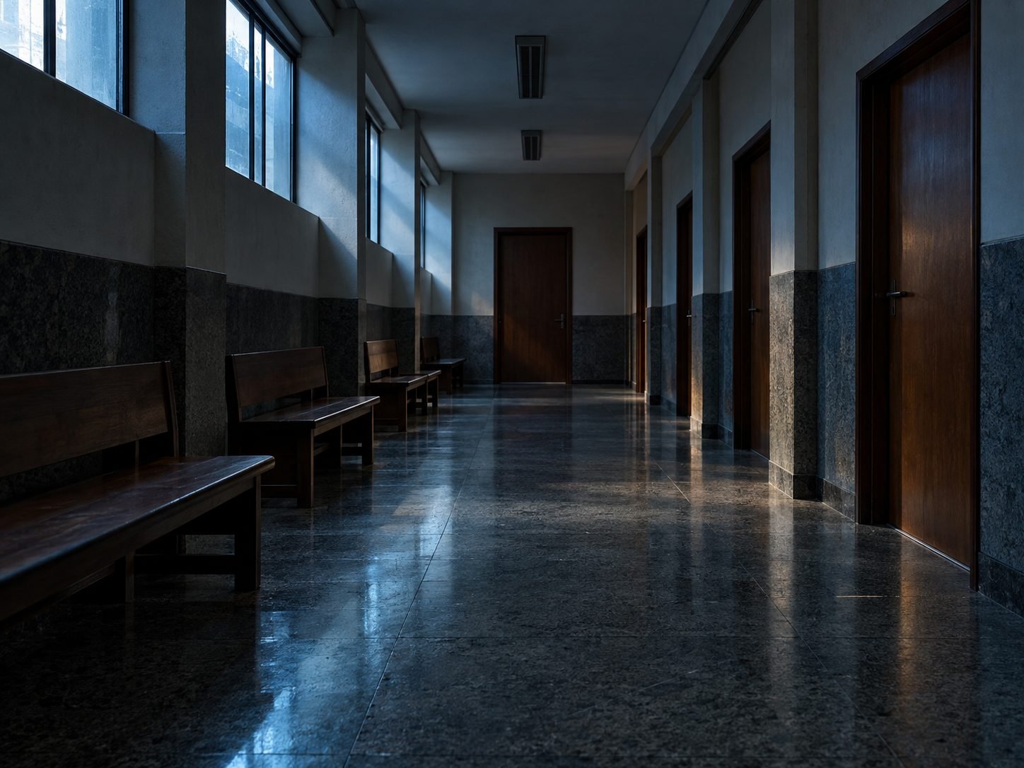 Corredor de espera de um fórum com bancos de madeira vazios, em luz fria da manhã