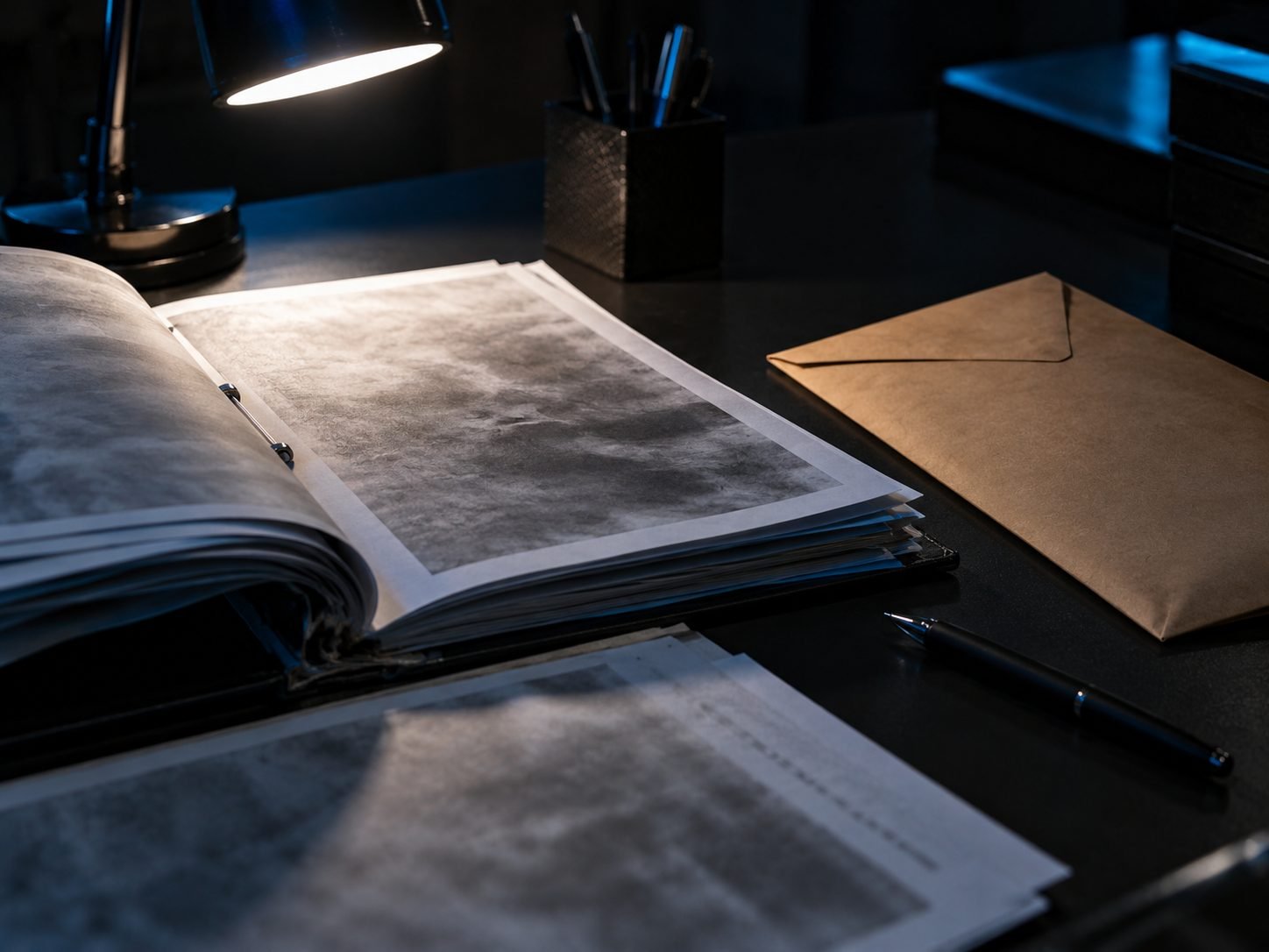 Autos de processo e laudos abertos sobre uma mesa escura, sob a luz de uma luminária