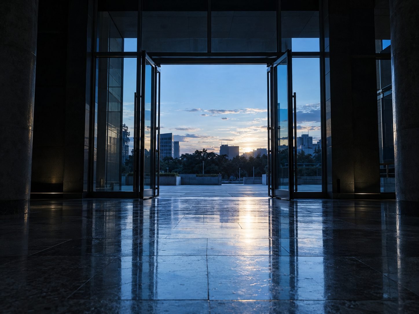 Portas de vidro de um saguão abertas para a luz azul do amanhecer