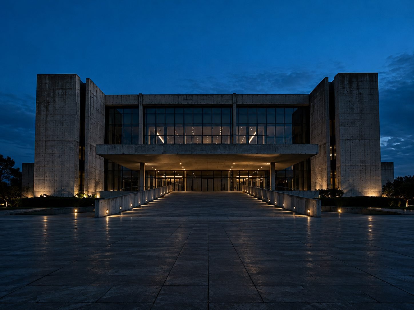 Fachada modernista de concreto de um tribunal ao entardecer, sob o céu azul profundo