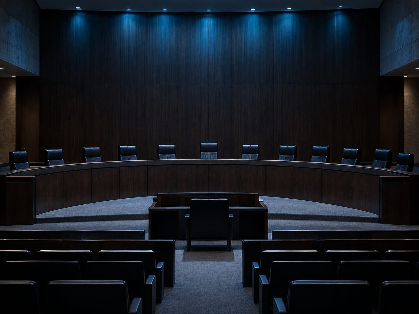 Plenário vazio de um tribunal superior, com bancada em semicírculo na penumbra azulada