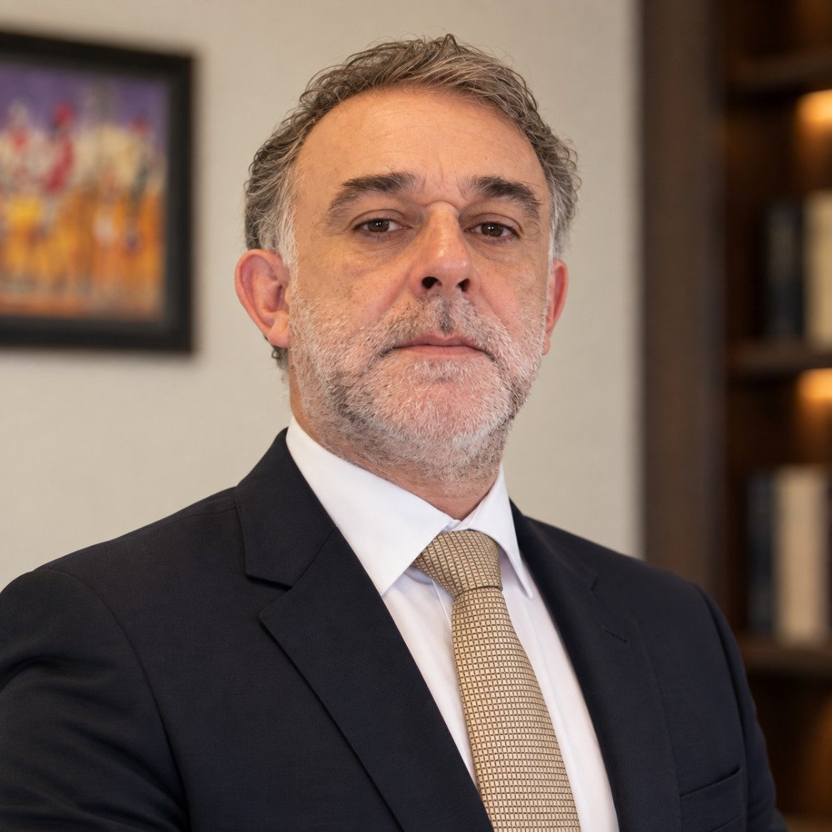 Dr. André da Silva Reis, advogado criminalista (OAB/SP 232.559) e sócio da Bellinazzi e Reis Advocacia, de terno marinho no escritório em São Paulo/SP